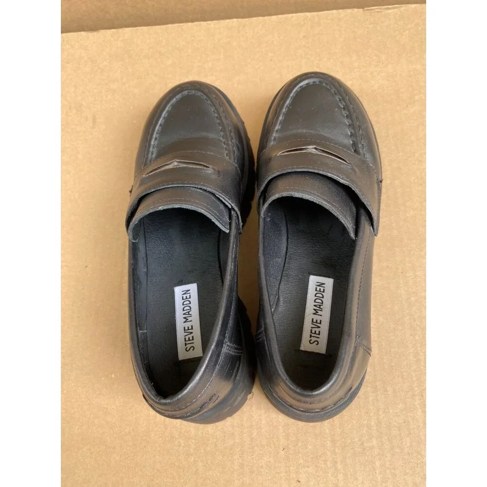 Steve Madden Women Black Lawrence Chunky Loafers Size 7.5 Leather platform Y2K‎